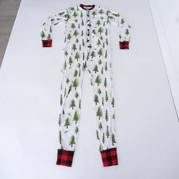 Lazy One White Green Red Pine Trees  w/ Back Flap Onezie Size Medium - Picture 1 of 16
